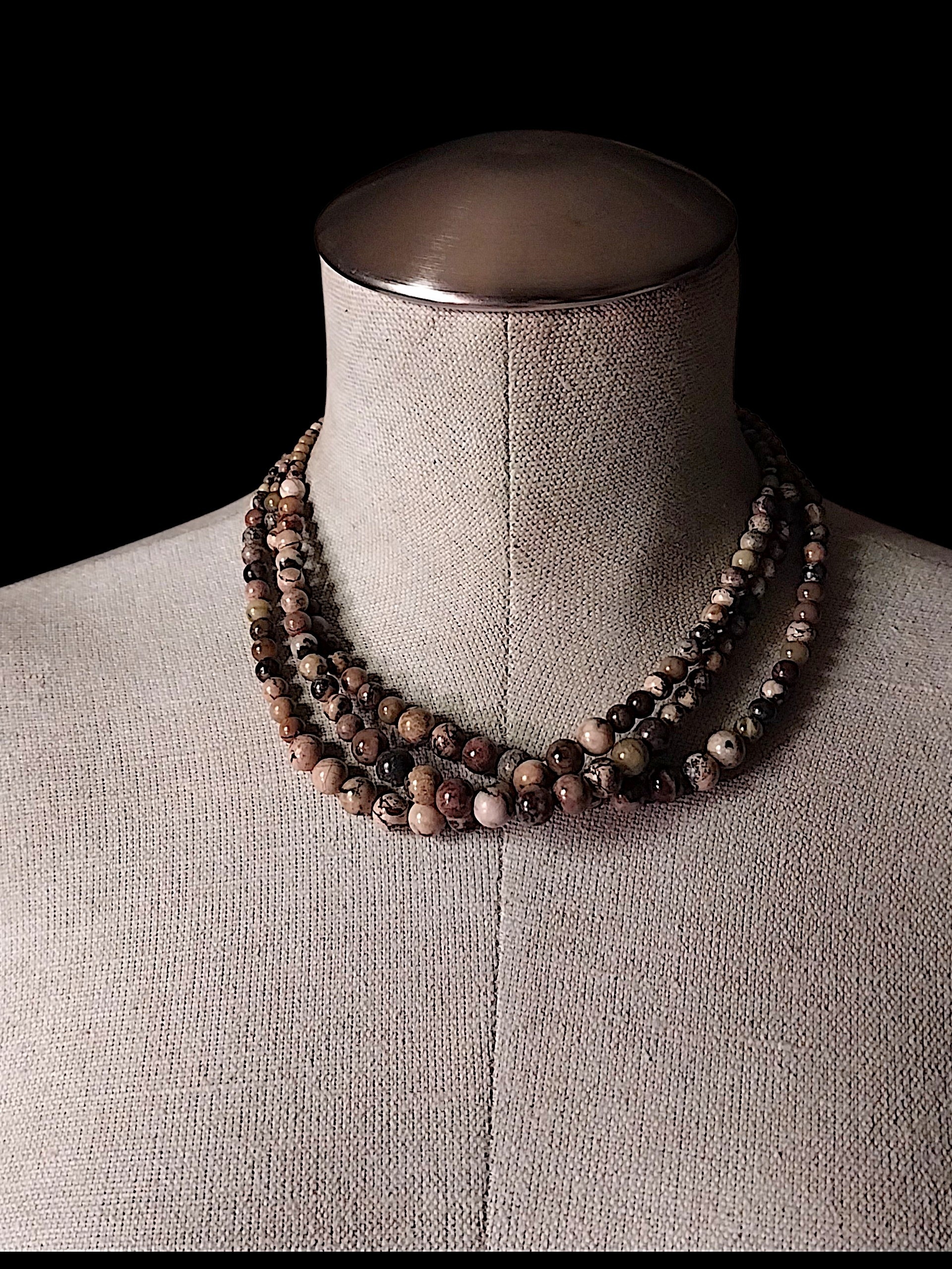 Nate & Etan Triple Strand Rhodonite & Jasper Gemstone Necklace